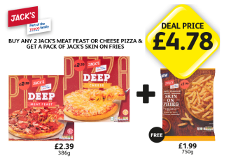 Jack's Deep Pizza Meat Feast, Cheese, Jack's Fries Skin On Fries - Buy Any 2 Jack's Meat Feast or Cheese Pizza & Get A Pack of Jack's Skin On Fries Now Only £4.78 at Londis