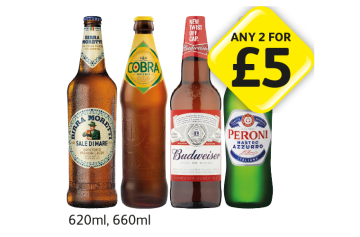 Birra Moretti Sale Di Mare, Cobra, Budweiser, Peroni - Any 2 for £5 at Londis