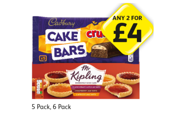 Cadbury Cake Bars Crunchie, Mr Kipling Jam Tarts - Any 2 for £4 at Londis