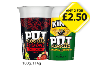 Pot Noodle Fusions Chilli Chicken, Pot Noodle Chicken & Mushroom - Any 2 for £2.50 at Londis