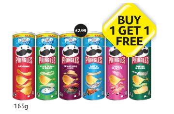 Pringles Original, Sour Cream & Onion, Texas BBQ Sauce, Salt & Vinegar, Prawn Cocktail, Cheese & Onion - Buy 1 Get 1 FREE at Londis