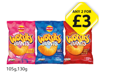 Wotsits Giants Cheesy, Prawn Cockatil, Sweet & Spicy - Any 2 for £3 at Londis