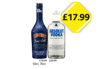 Baileys Chocolate Irish Cream Liqueur, Absolut Vodka - Now Only £17.99 at Londis