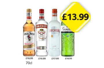 Captain Morgan Spiced Gold, Smirnoff, Archers Schnapps, Gordon's Dry Gin - Now Only £13.99 at Londis