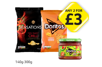 Walkers Sensations Thai Sweet Chilli, Doritos Tangy Cheesy, Mild Salsa - Any 2 for £3 at Londis