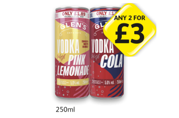 Glen's Vodka Pink Lemonade, Vodka Cola - Any 2 for £3 at Londis