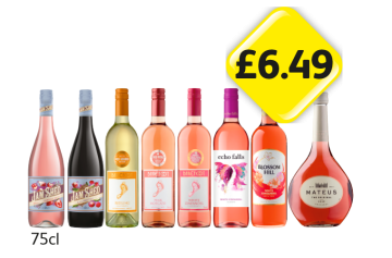 Jam Shed Strawberry Smash, Black Forest Mess, Barefoot Riesling, Pink Moscato, White Zinfandel, Echo Falls White Zinfandel, Blossom Hill White Zinfandel, Mateus Rosé - Now Only £6.49 each at Londis