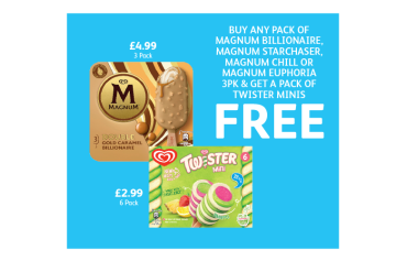 Magnum Double Gold Caramel Billionaire, Twister Mini - Buy Any Pack of Magnum Billionaire, Starchaser, Chill Or Euphoria & Get A Pack of Twister Minis FREE at Londis