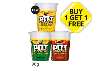 Pot Noodle Original Curry, Chicken & Mushroom, Beef & Tomato - Buy 1 Get 1 FREE at Londis