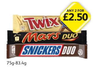 Twix Xtra, Mars Duo, Snickers Duo - Any 2 for £2.50 at Londis