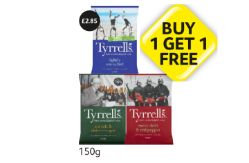 Tyrrells Lightly Sea Salted, Sea Salt & Vinegar, Sweet Chilli & Red Pepper - Buy 1 Get 1 FREE at Londis