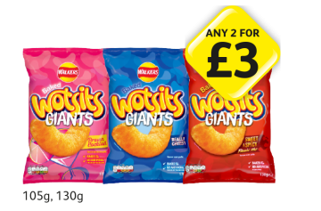 Wotsits Giants Prawn Cockatil, Really Cheesy, Sweet & Spicy - Any 2 for £3 at Londis